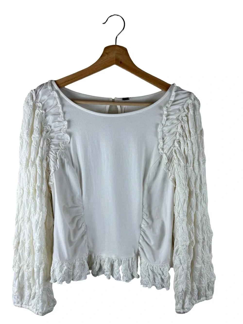 Free People Olivia Contrast Stitch White  Puff Sleeve Top size XL Boho Coquette